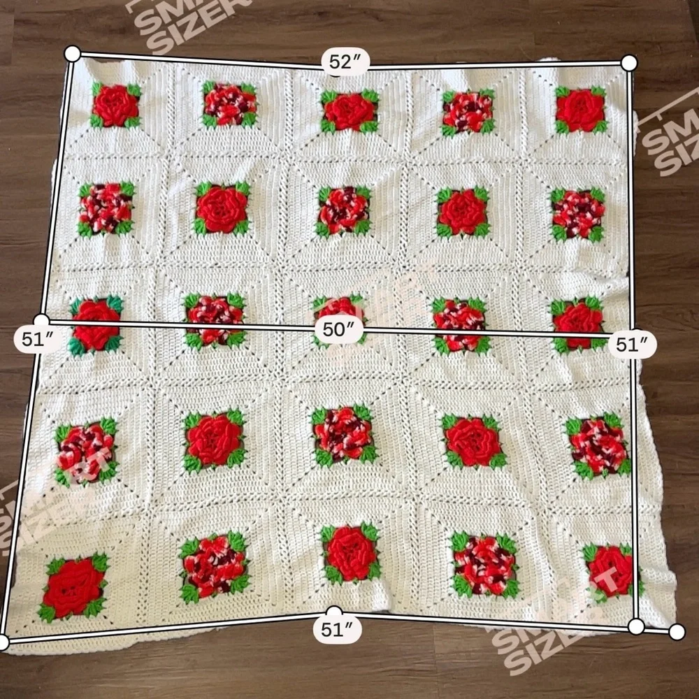 Crocheted Afghan Throw Blanket 3D Red Roses Granny Squares 51” X 52”